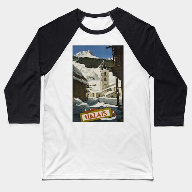 Valais, Switzerland, Ski Poster Baseball T-Shirt by BokeeLee